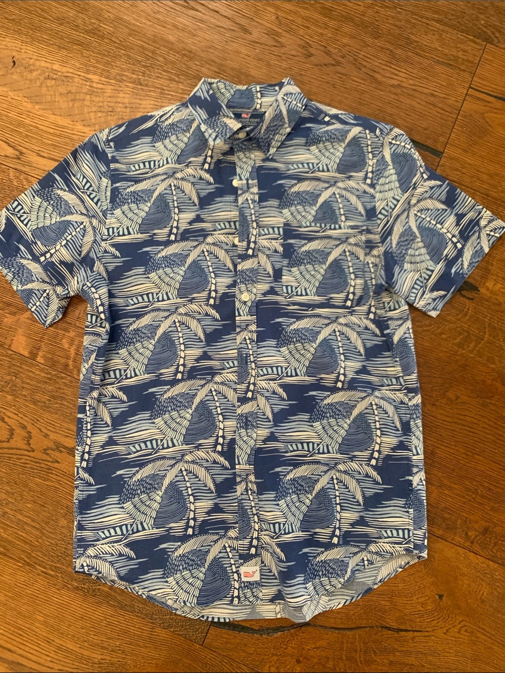 Vineyard Vines Navy and White Palm-Print Short Sleeve Button-Down Shirt